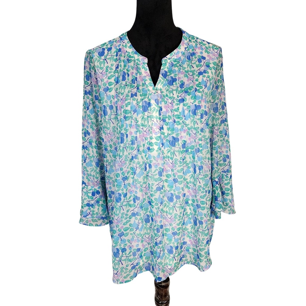 CHARTER CLUB Size Medium Floral Pastel Box Pleated Cottagecore 3/4 Sleeve Blouse